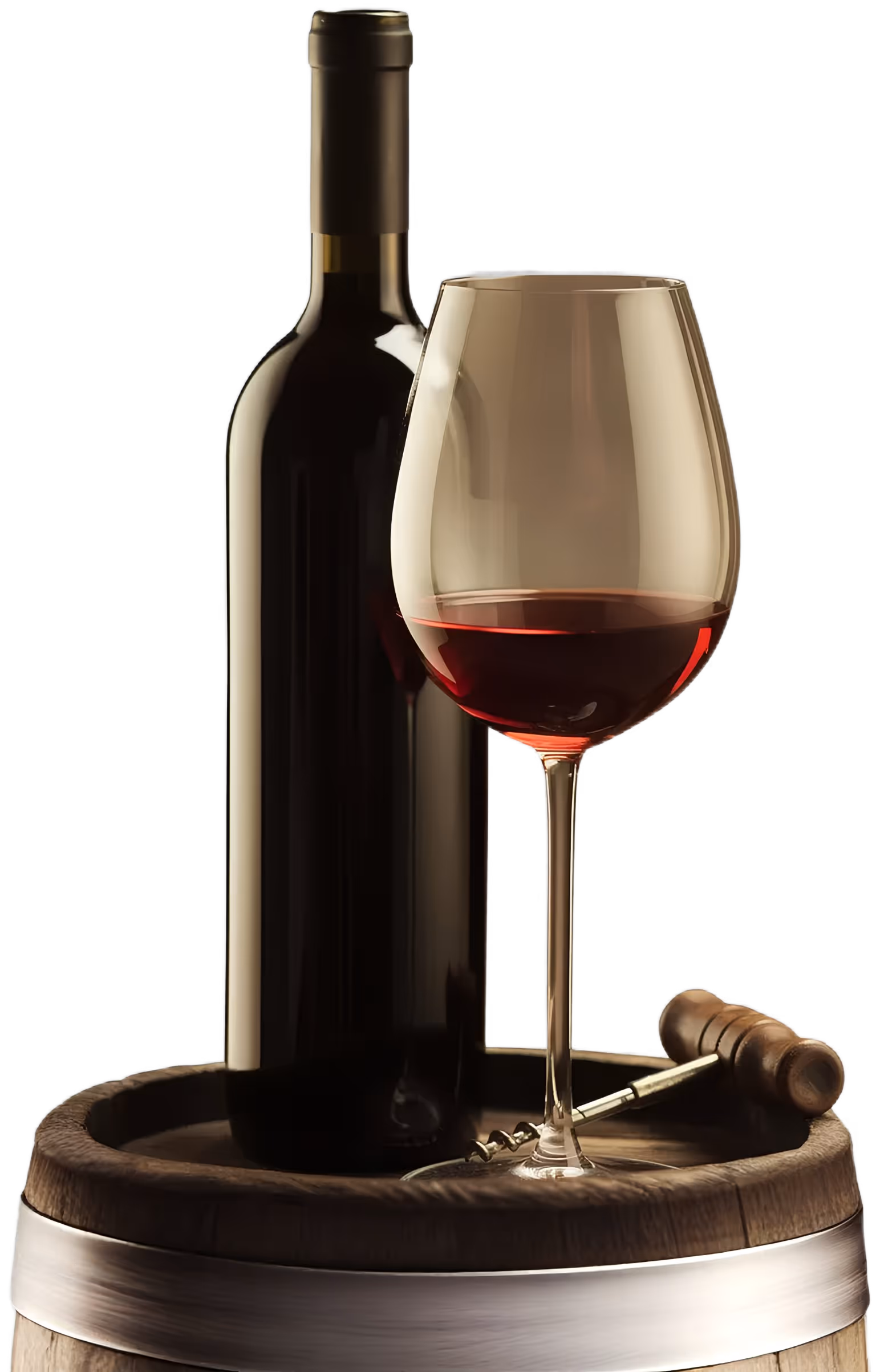 Bottle of red wine, filled wine glass, and corkscrew resting on a wooden barrel.